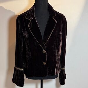 ECI Dark Brown Velvet Cropped Blazer with Decorative Trim
